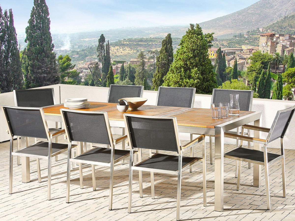 GARTENTISCH Eukalyptusholz hellbraun 220/100 cm Grosseto - Hellbraun/Silberfarben, Metall (220/100/74cm) - Beliani