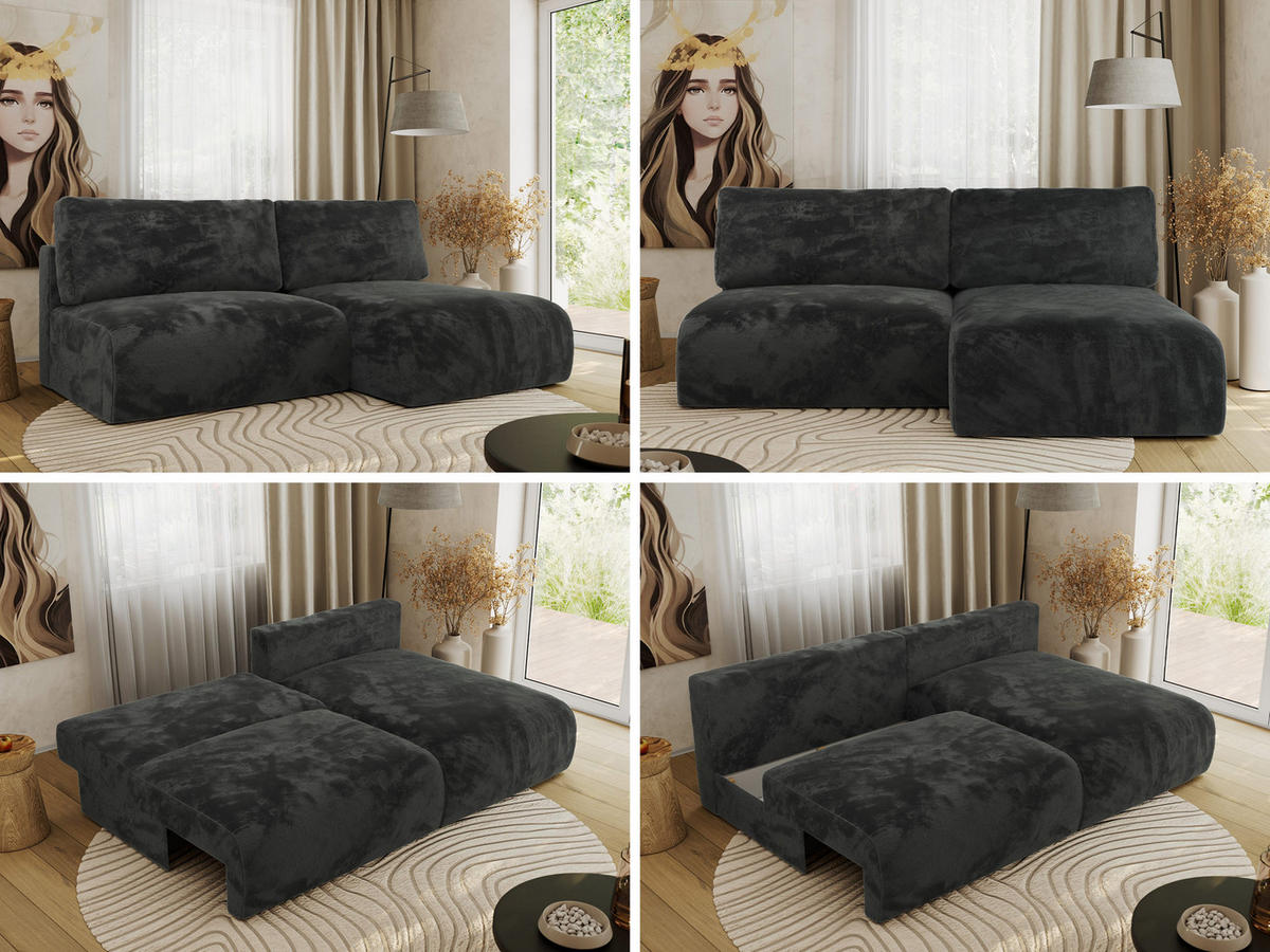 ECKSCHLAFSOFA VIVO L Dunkelgrau Plüsch - rechts - Dunkelgrau/Schwarz, Kunststoff/Textil (150/223cm) - MKS