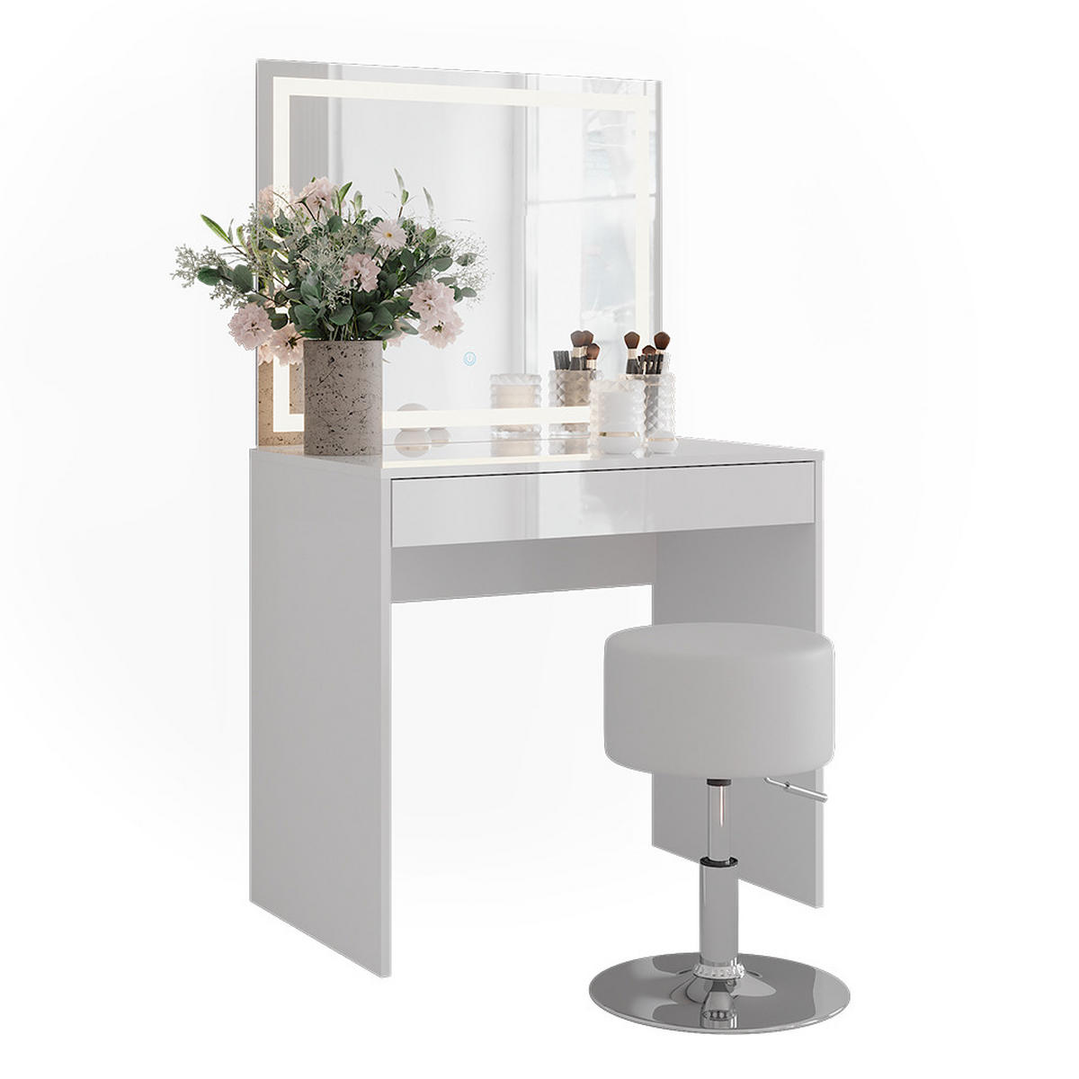 SCHMINKTISCH Sherry Weiß/Weiß Hochglanz 81.4 cm mit LED-Spiegel und Hocker - Weiß Hochglanz, Holzwerkstoff (81.4/76/50.1cm) - Vicco