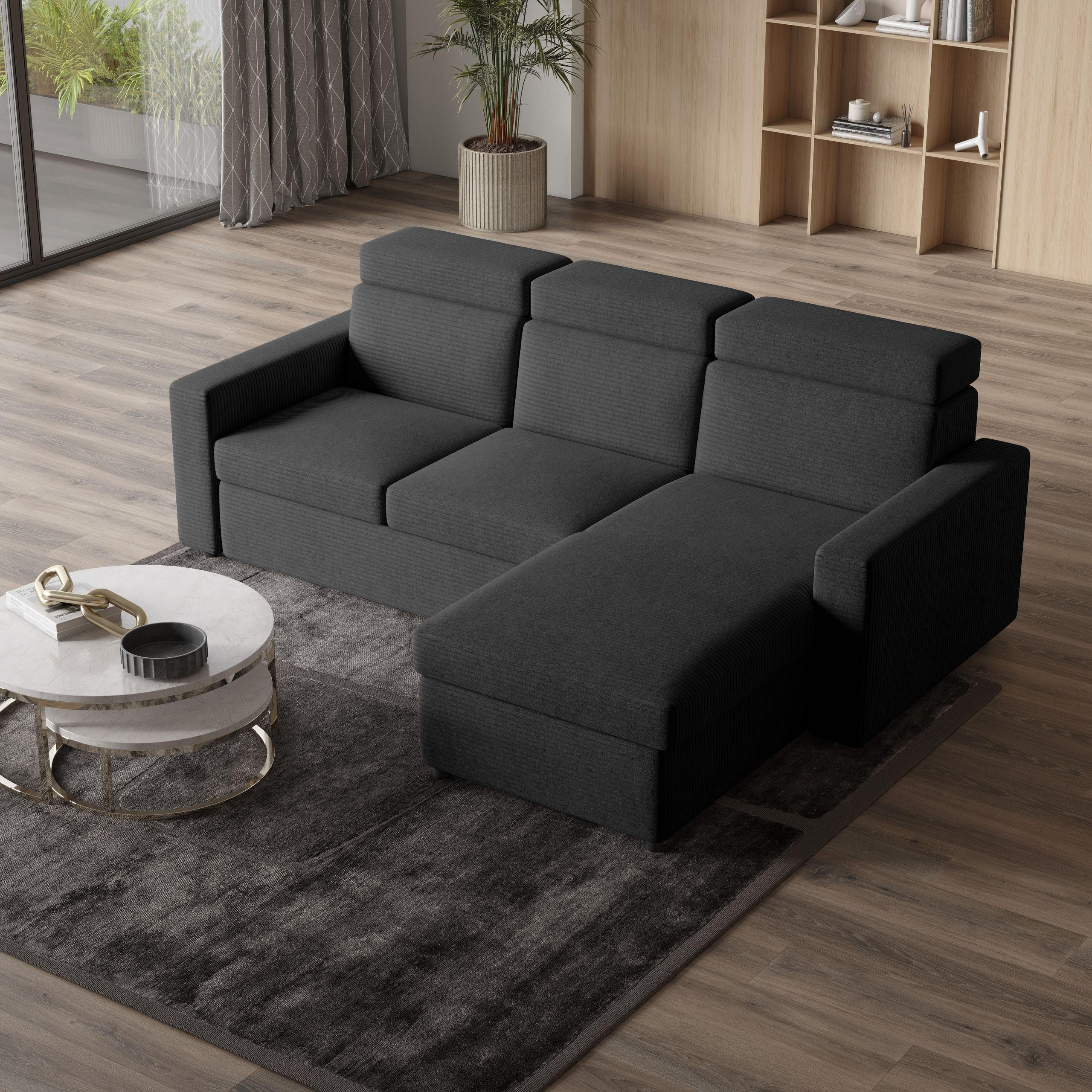 ECKSOFA PADWA Graphitfarben Kordstoff mit Schlaffunktion - Graphitfarben, Holz (227/168cm) - MASSENO