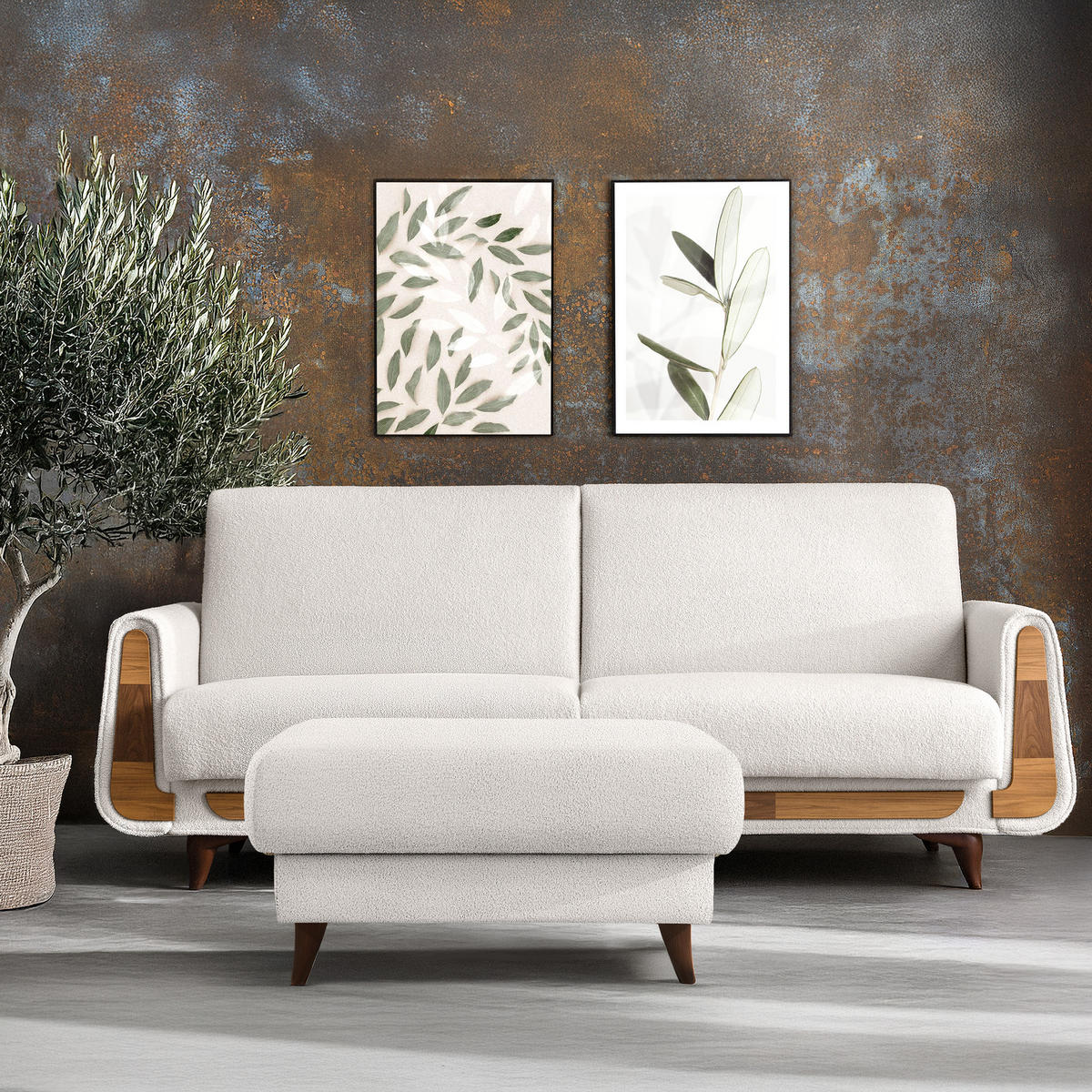 HOCKER GUSTAVO Bouclé, Weiß - Weiß, Holz/Holzwerkstoff (92/49/92cm) - KONSIMO®