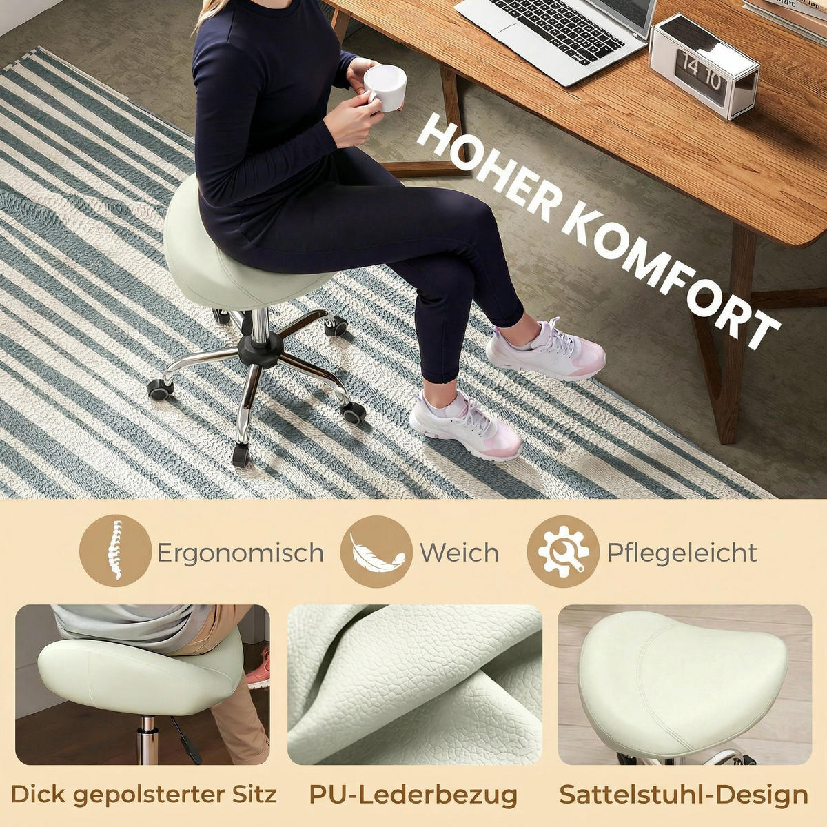 DREHHOCKER DE-09912 höhenverstellbar, PU-Leder Cremeweiß - Creme, Metall (48/71/48cm) - ComfortXL