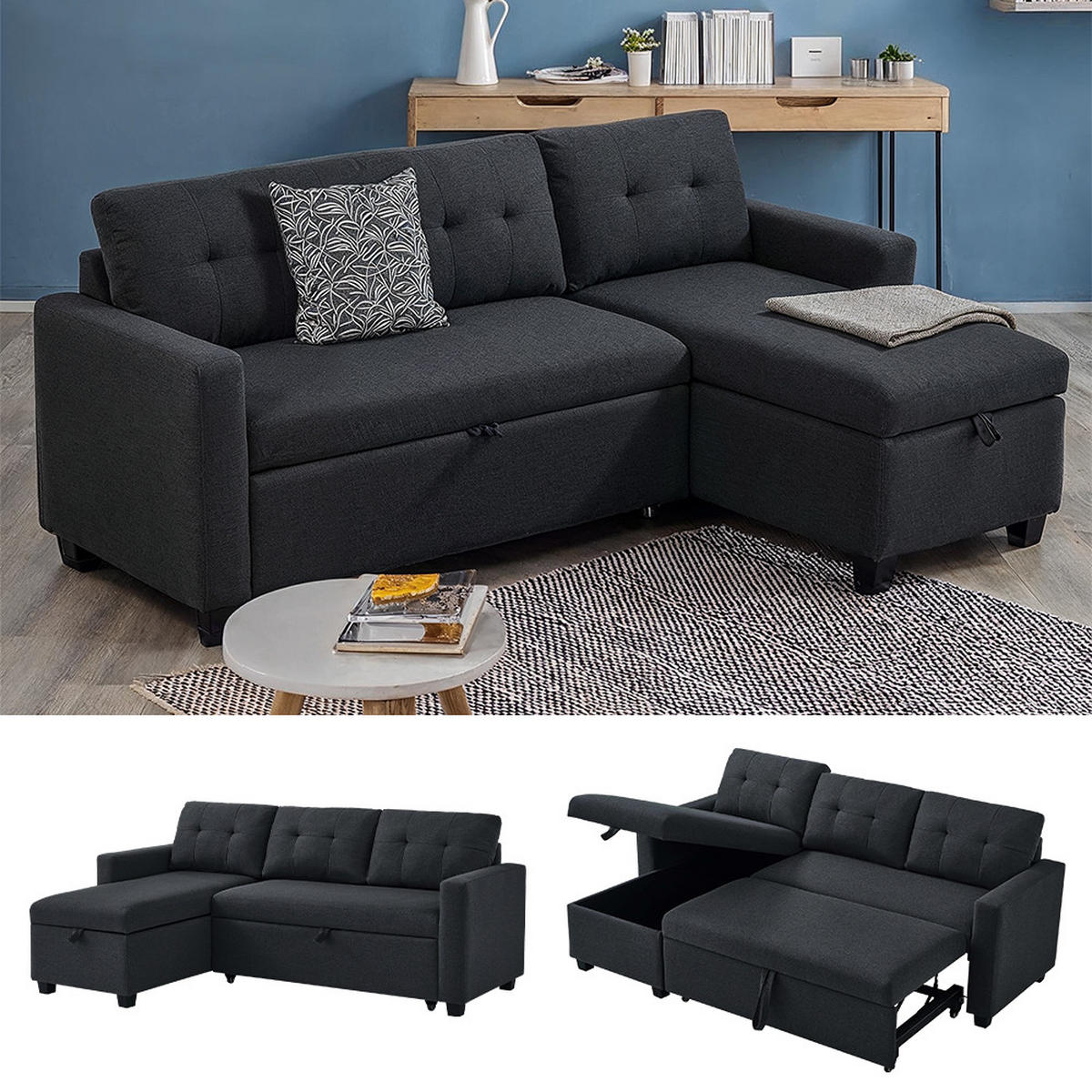SOFA L FORM Campina Anthrazit 226 x 163 cm mit Schlaffunktion - Anthrazit, Holz (226/163cm) - VitaliSpa