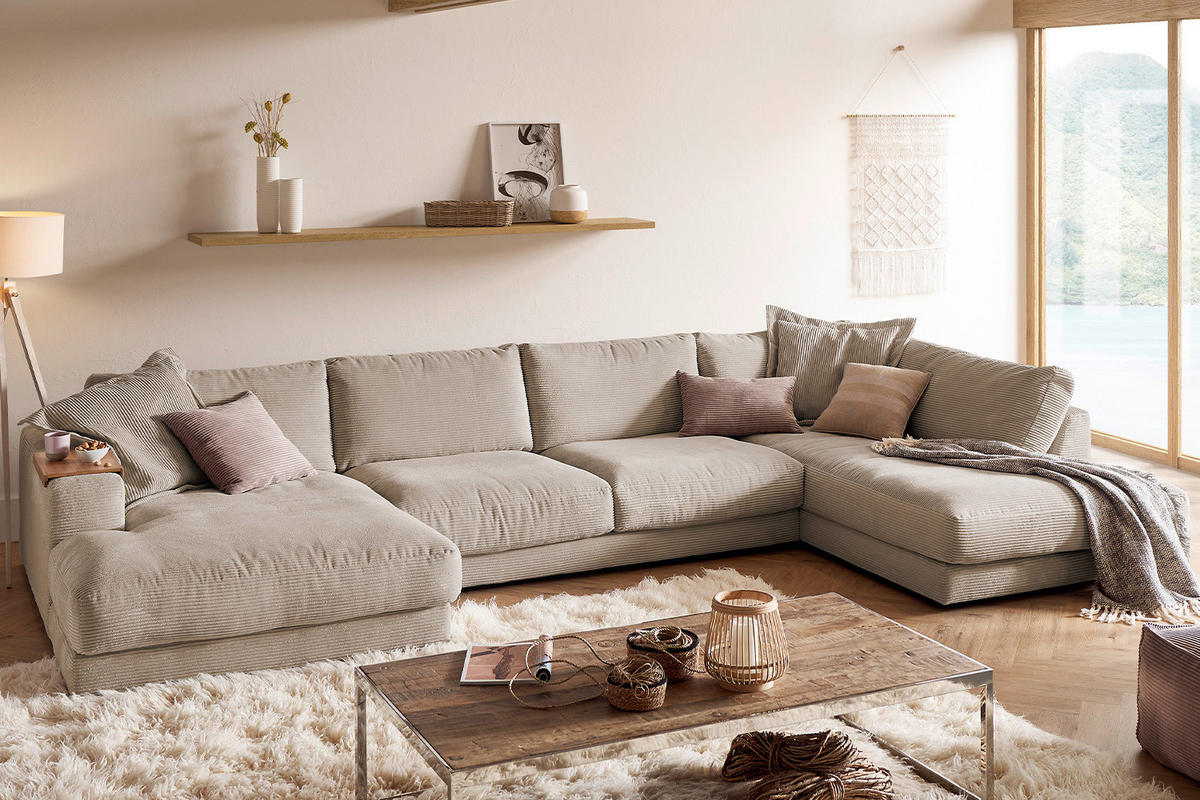 WOHNLANDSCHAFT MADELINE Taupe Cord - Taupe/Schwarz, Kunststoff/Textil (425/86/224cm) - KAWOLA