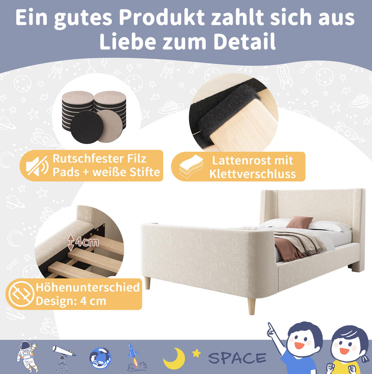 KINDERBETT 90/200 cm Beige aus Samt mit Weltraummuster - Beige, Textil (90/200cm) - OKMYHOME