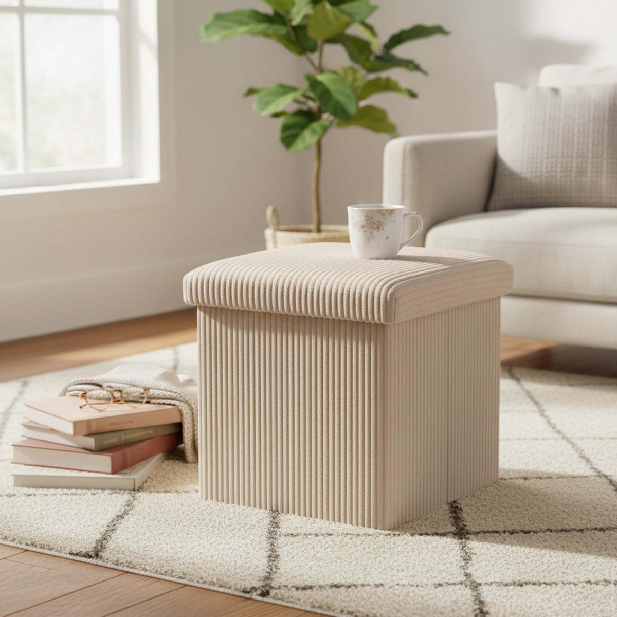 SITZWÜRFEL Beige faltbar Stauraum - Beige, Holzwerkstoff/Textil (38/38/38cm) - Relaxdays