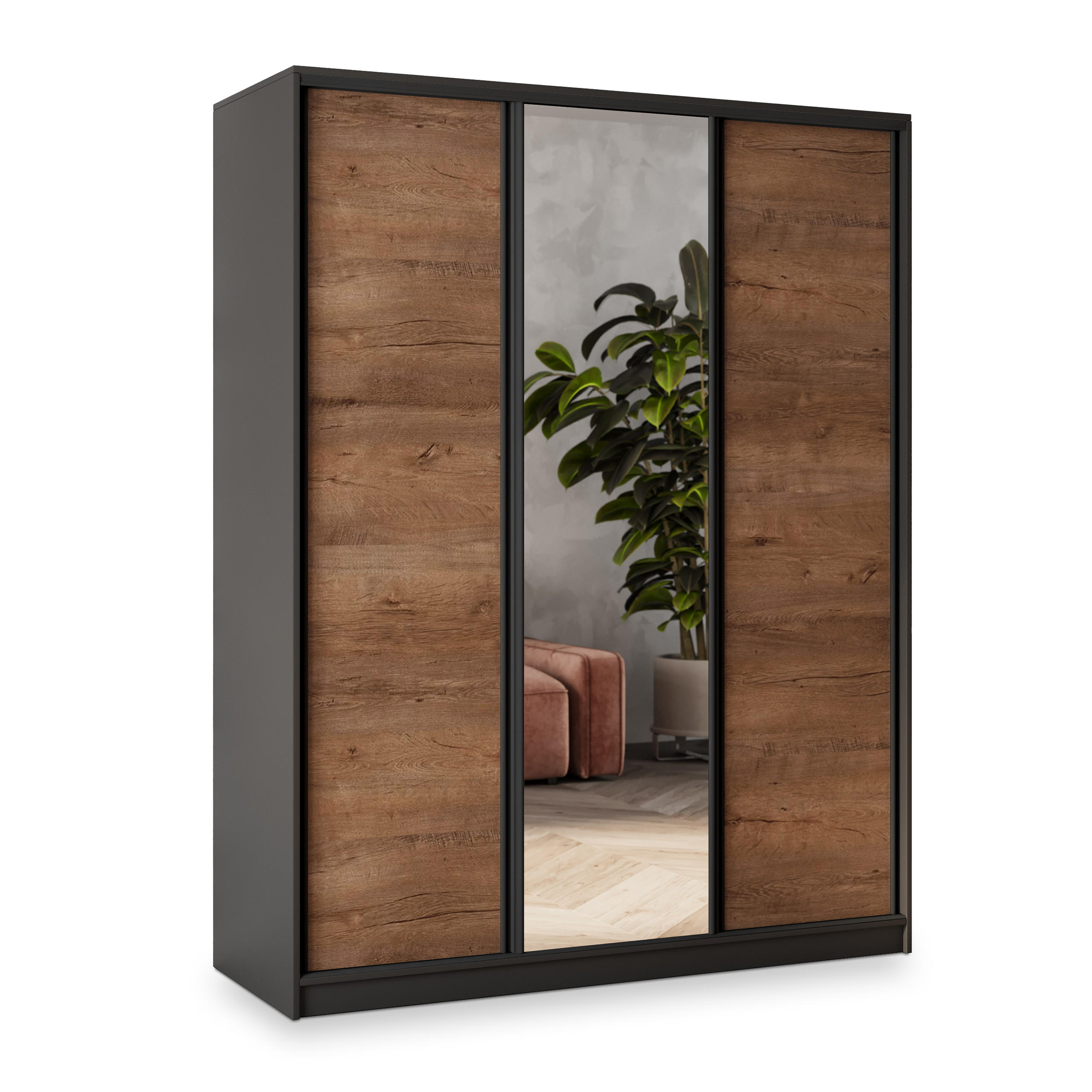 Masseno Schwebetürenschrank Schwarz, Eiche 150x205x58 cm