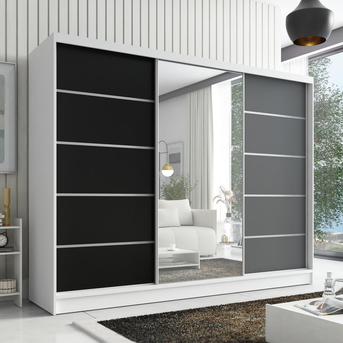 SCHWEBETÜRENSCHRANK 200 cm AURELIA 1 Farbe: Weiß, Schwarz, Graphit - Schwarz/Graphitfarben, Holzwerkstoff (200/215/60cm) - A&J MöbelLand