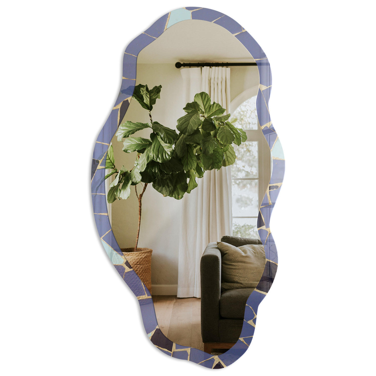 SPIEGEL 90x45 cm asymmetrisch mit Druck - Blaues Mosaik - Transparent, Glas (45/90/0.4cm) - TULUP