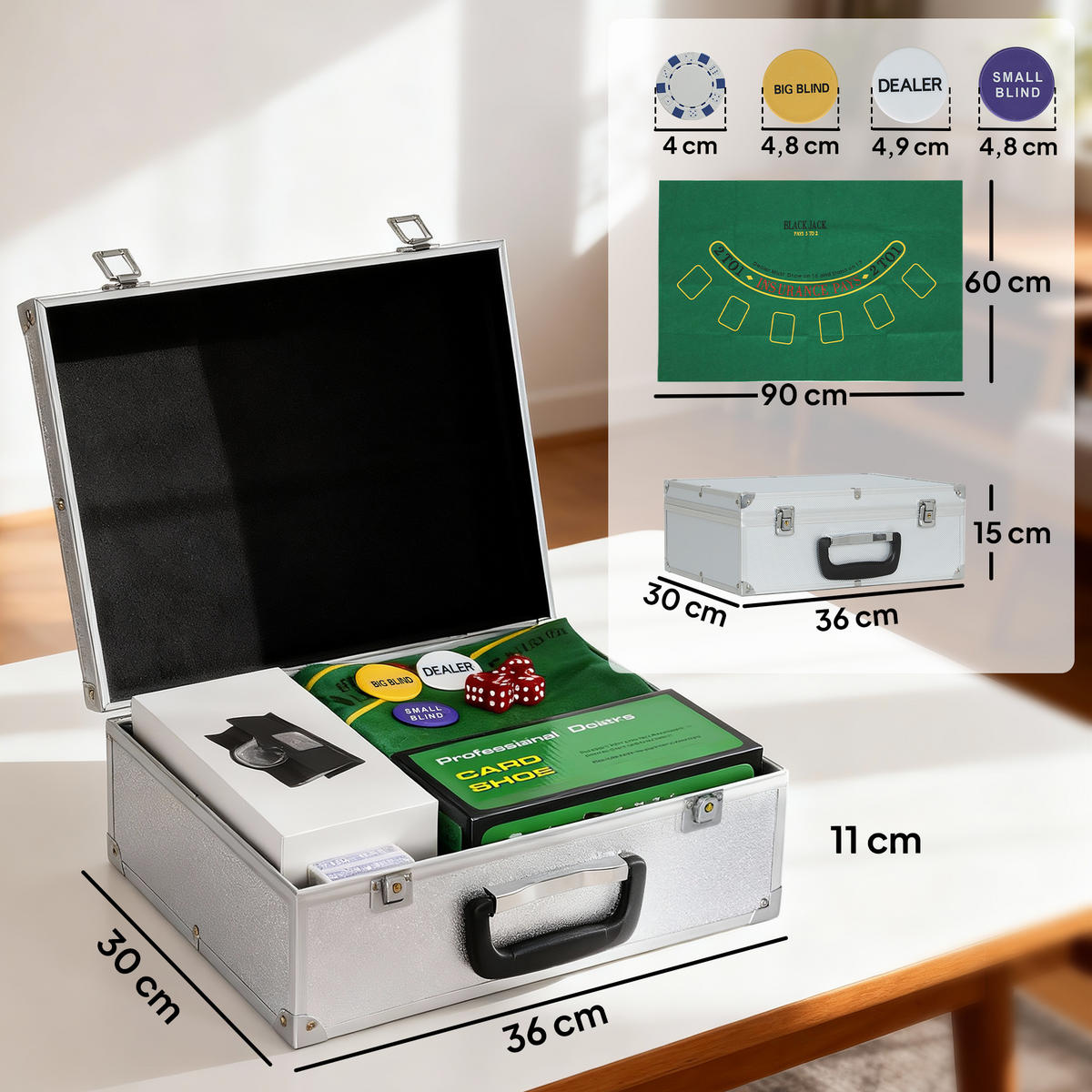 POKERSET DE-10830 300 Chips & Kartenmischer für 8 Spieler Silber - Silberfarben, Metall (30/36cm) - ComfortXL
