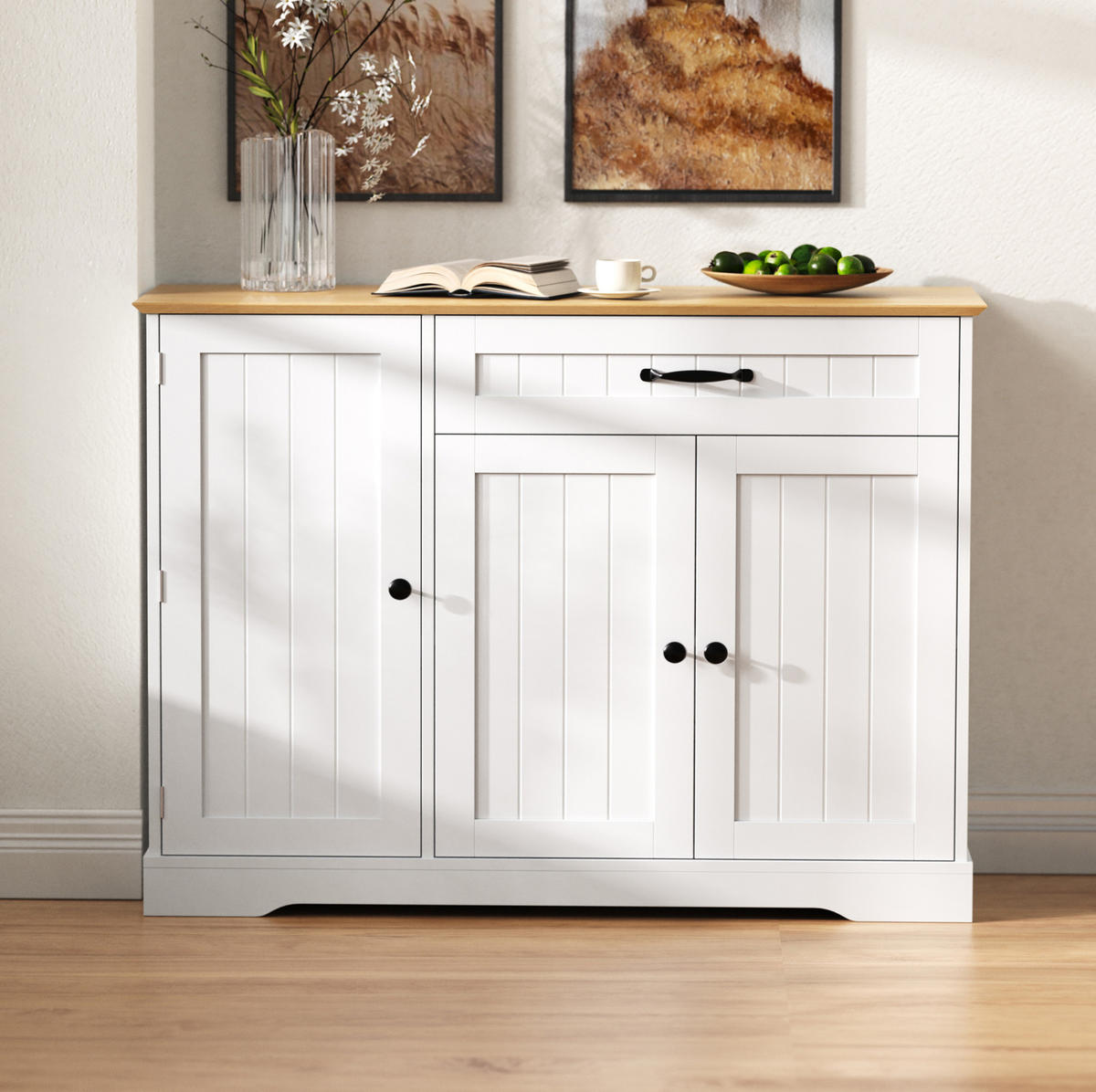 SIDEBOARD mit 3 Türen und Schublade MDF Weiß/Natur - Beige, Holzwerkstoff (107/83.4/40cm) - Meubliv