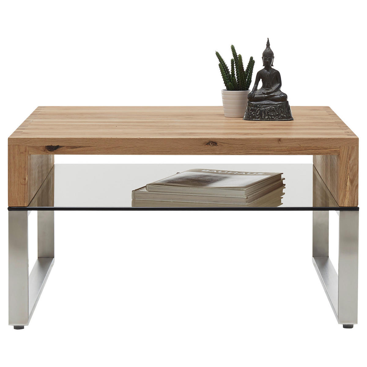 COUCHTISCH - Eiche massiv / Glas - Eiche / Silber - Braun, Holz/Metall (70/70/39cm) - home24