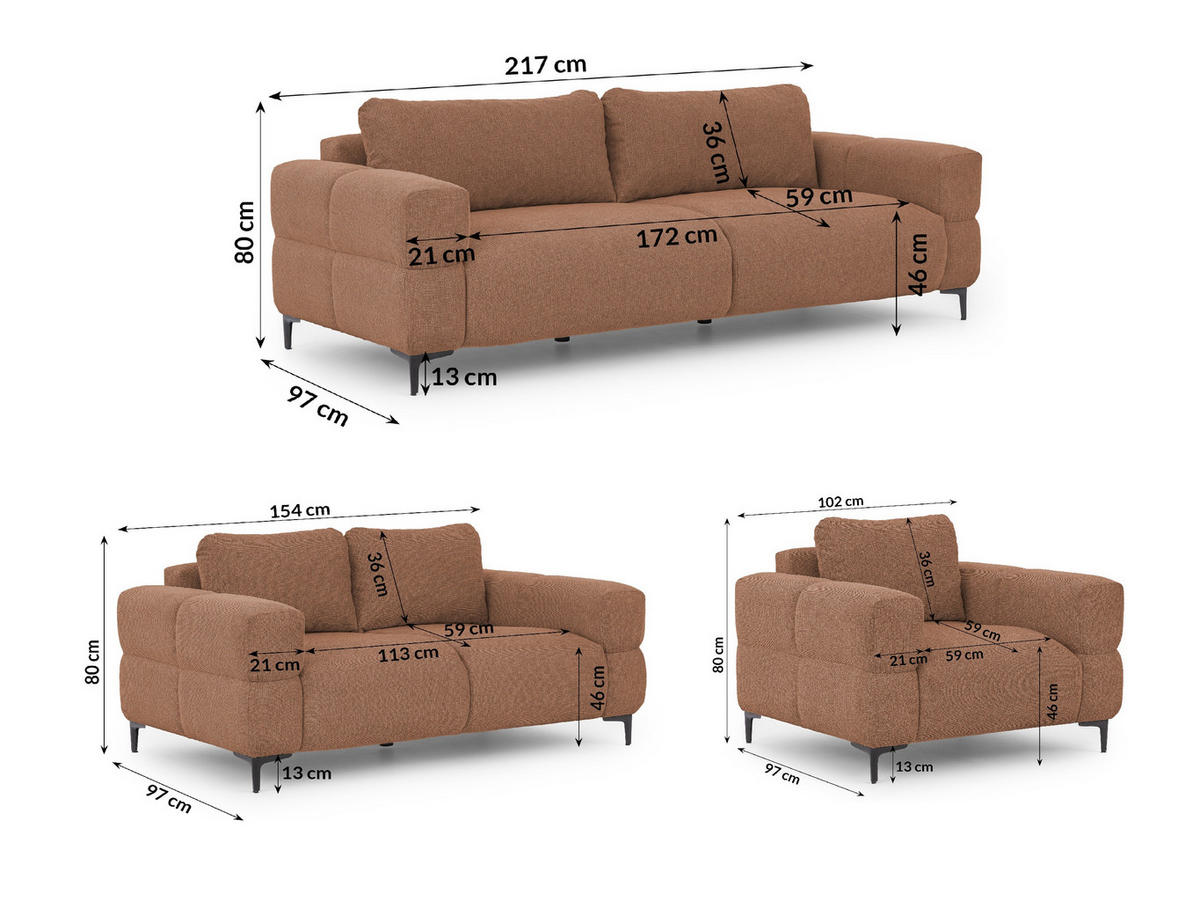 SITZGARNITUR 3+2+1 Cardea in Bubble-Optik aus weichem Terrakotta Strukturstoff mit hohem Sitzkomfort - Terracotta/Schwarz, Holz/Textil (217/80/97cm) - S-Style Möbel