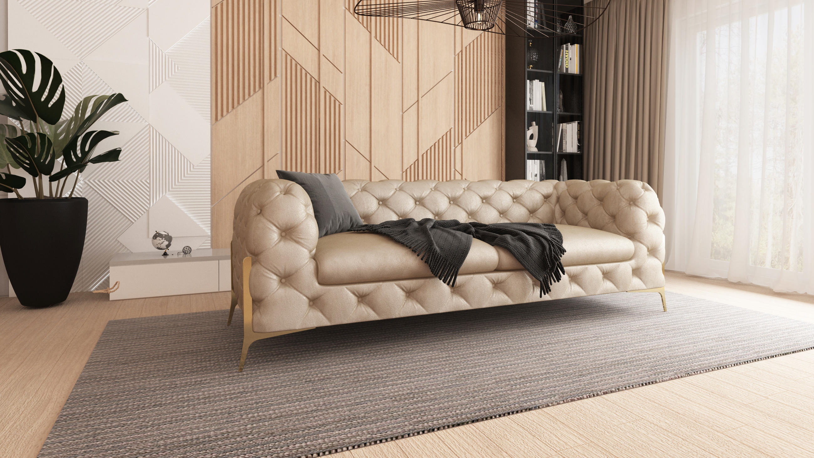 CHESTERFIELD-SOFA 3-Sitzer Vertex Beige Samt - Beige/Goldfarben, Holz/Textil (225/75/100cm) - S-Style Möbel