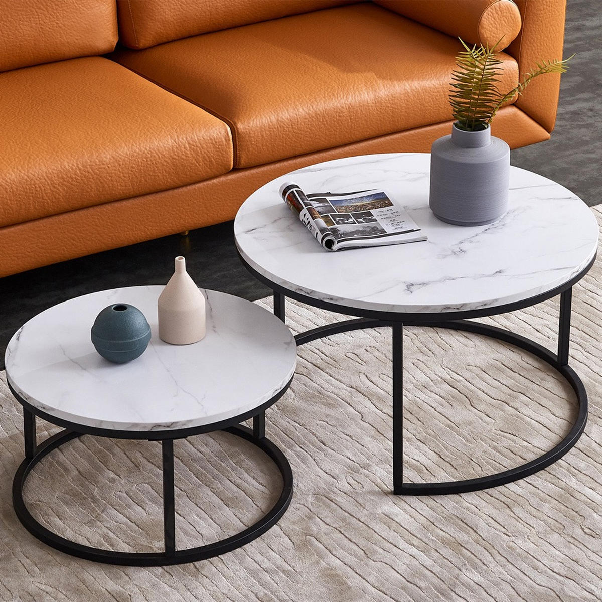 COUCHTISCH 2er-Set - Runder Beistelltisch in Marmoroptik Weiß mit Metallgestell - Schwarz - Schwarz, Holzwerkstoff (80/80/45cm) - DELFA
