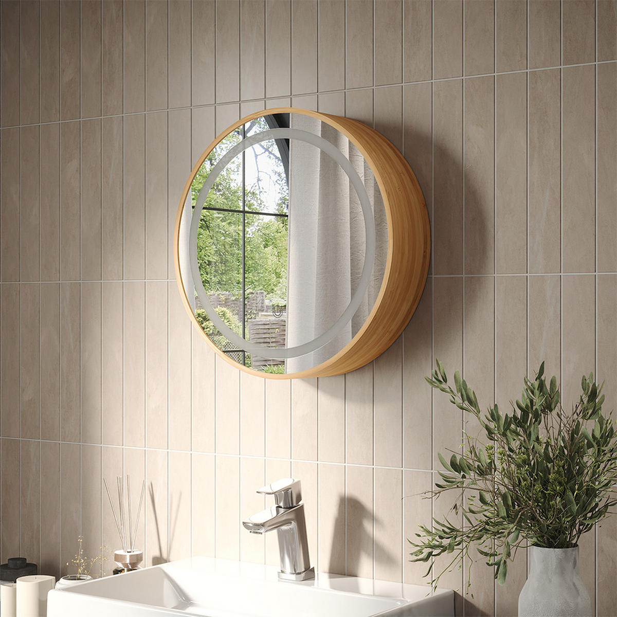 KOUPELNOVÁ ZRCADLOVÁ SKŘÍŇKA Silva Bambus 50 x 50 cm s 5 úložnými prostory - zelená barva, sklo (50/50/13cm) - Vicco