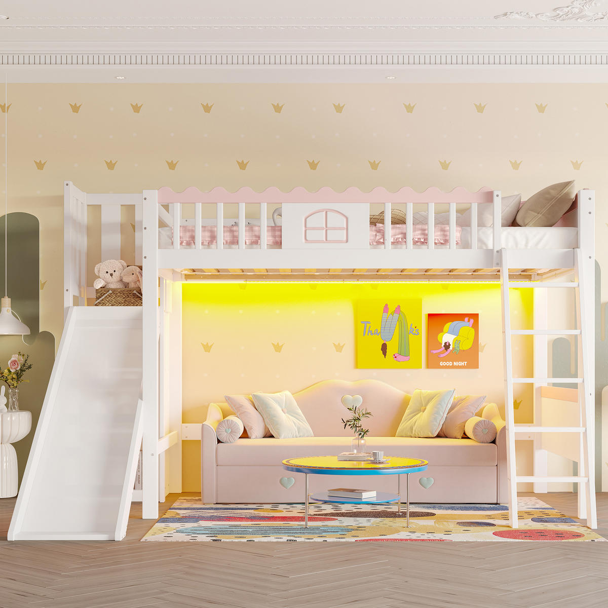 HOCHBETT 90/200 cm Weiß mit LED-Leuchten und Rutsche aus Kiefernholz - Weiß, Holz (90/200cm) - OKWISH