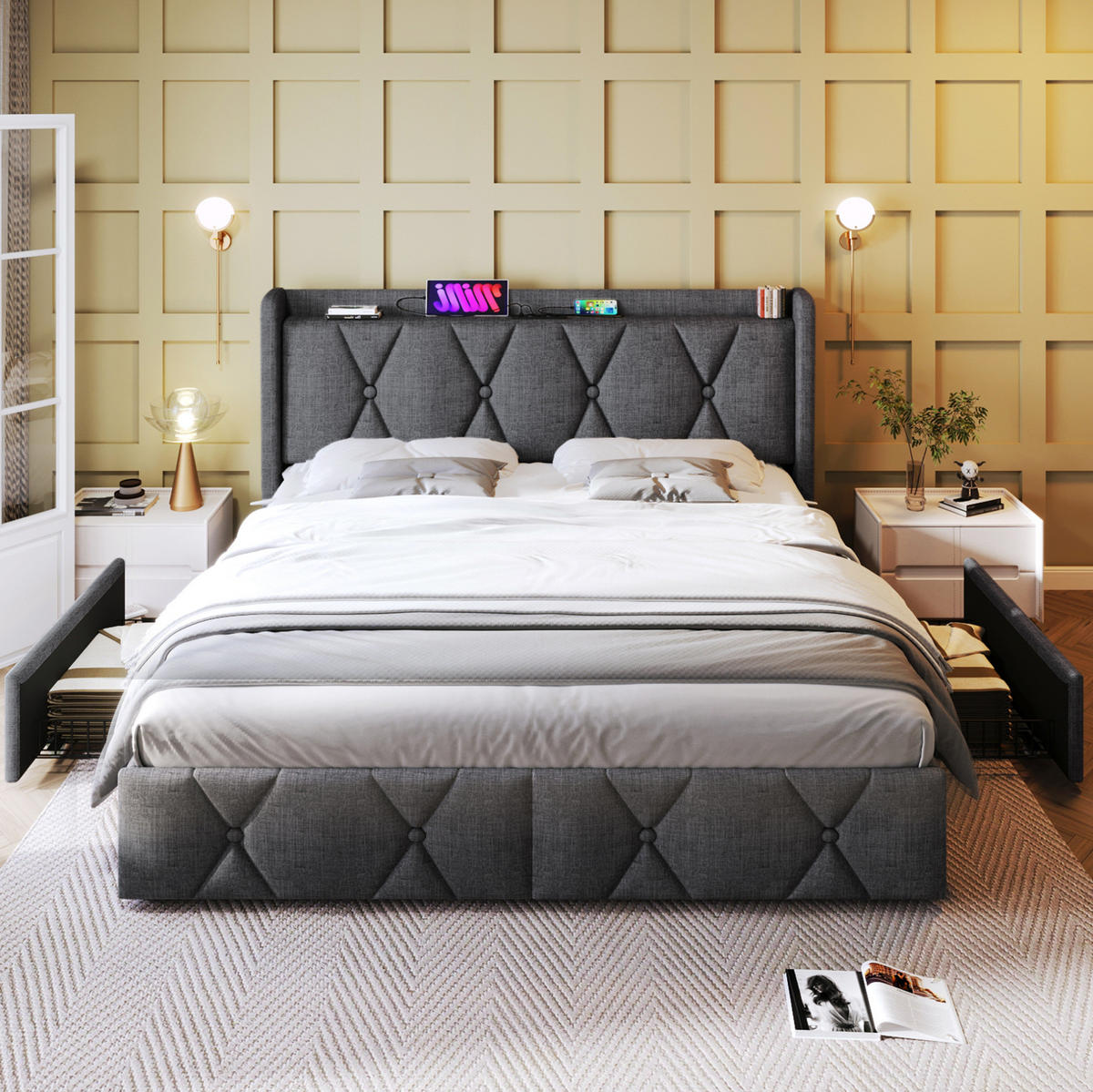 BETT mit USB und 4 Schubladen 140x200 cm Leinen Grau inkl. Matratze - Grau, Metall (140/200cm) - Meubliv