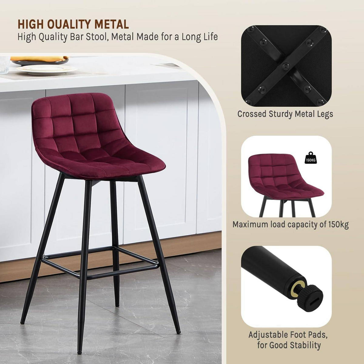 BARHOCKER 4er Set, Fußstütze, Samt, Bordeaux - Bordeaux/Schwarz, Textil/Metall (43/88/35.5cm) - Woltu