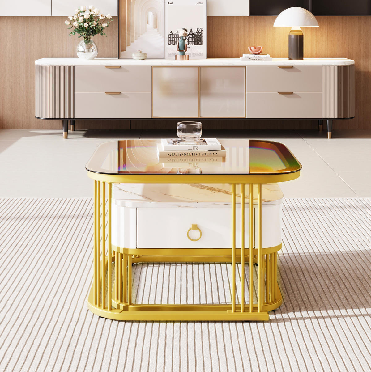 COUCHTISCH-SET, MDF Hochglanz-Marmoroptik, Goldakzente, mit Schublade, 60/60/42,5 + 50/50/34 cm, Weiß und Gold und Teebraun - Braun, Holzwerkstoff (60/60/42.5cm) - Redom