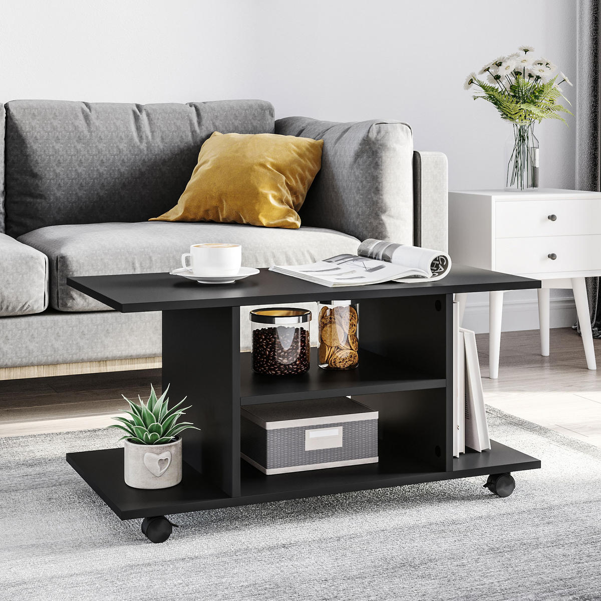 TV-BANK Schwarz 80/40/40 cm, auf Rollen, mit Ablagen - Schwarz, Holz (80/40/40cm) - PANGIVO