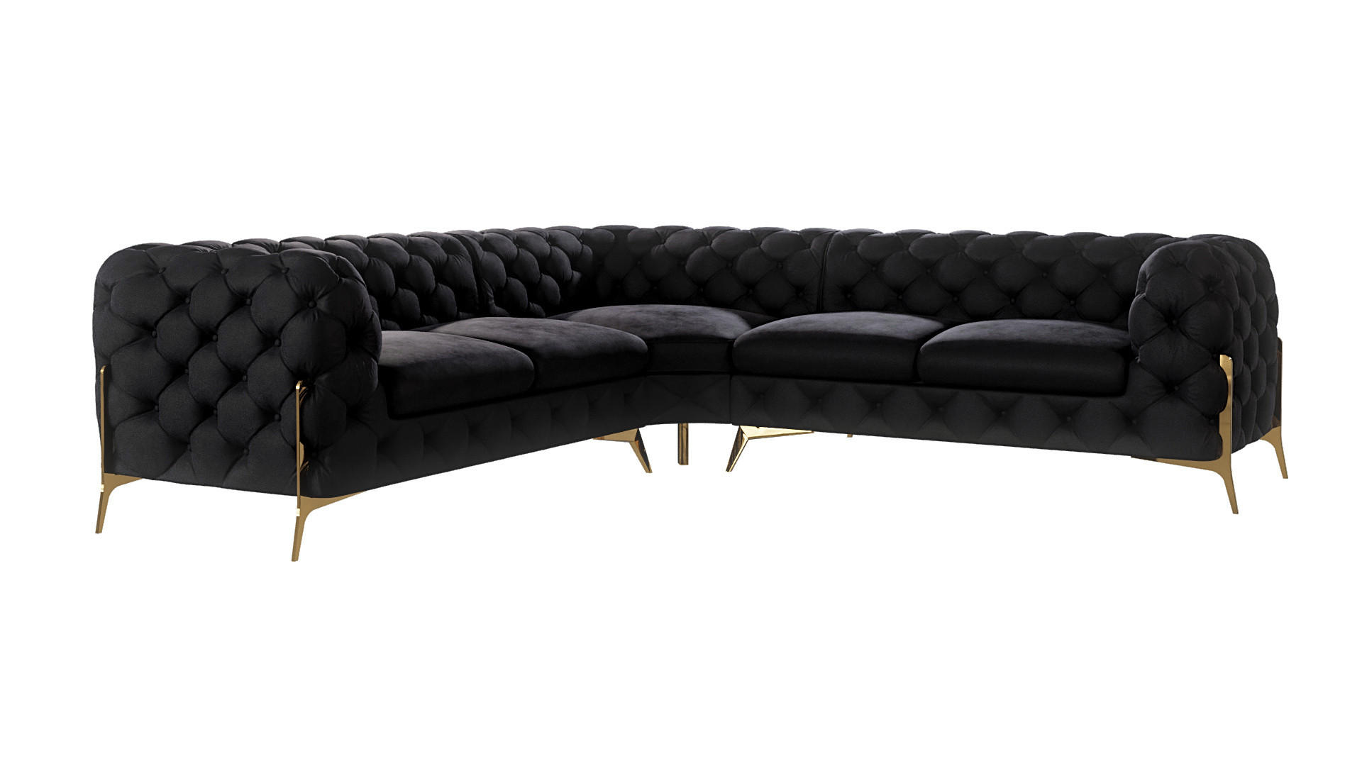 S-Style CHESTERFIELD ROHOVÁ SEDAČKA Lexi z černého sametu se zlatými nohami