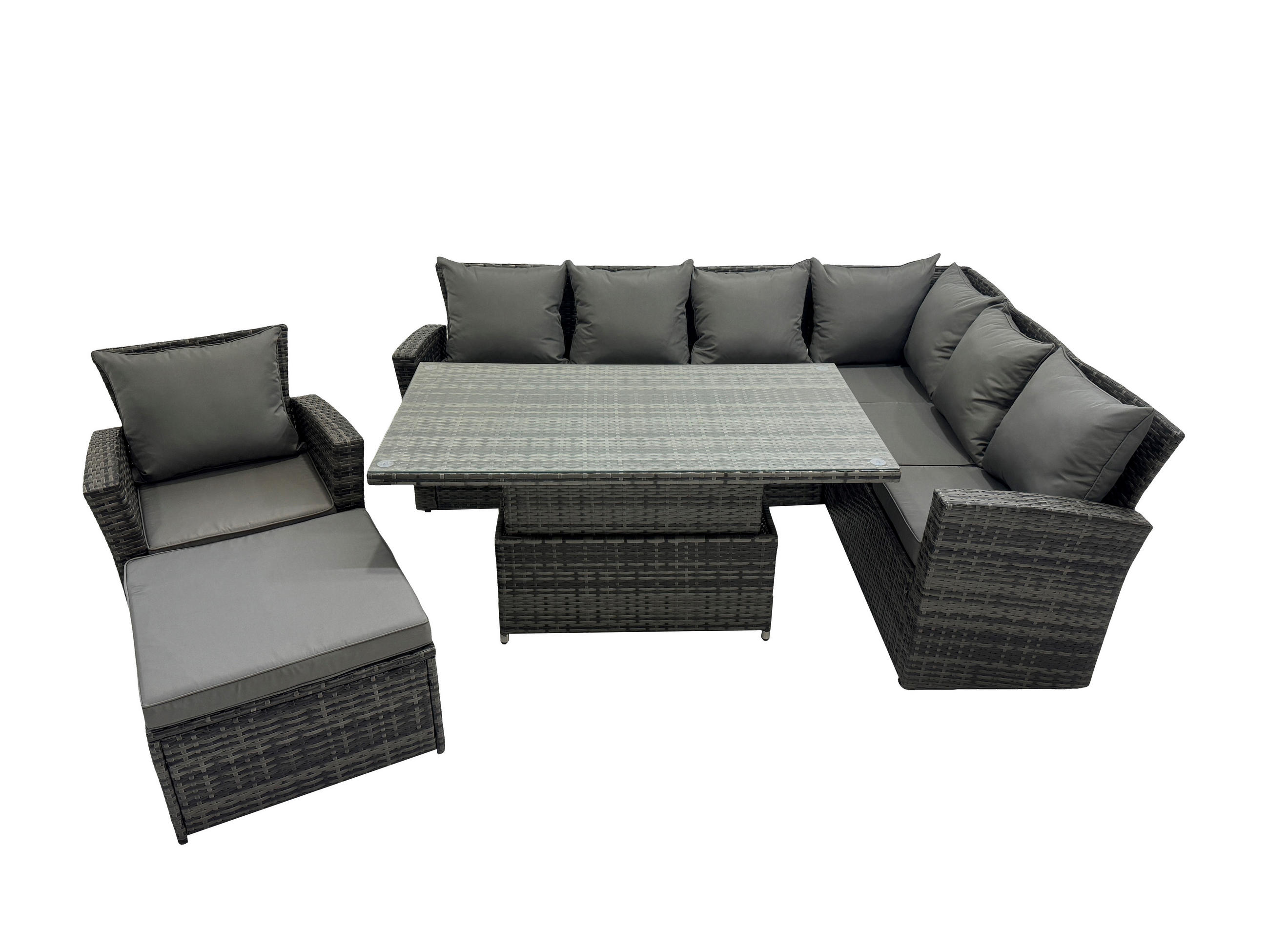 GARTEN-ECKSOFAGARNITUR mit höhenverstellbarer Tisch Polyrattan 8-Sitzer - Dunkelgrau/Grau, Glas/Kunststoff - Fimous