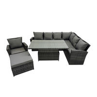 GARTEN-ECKSOFAGARNITUR mit höhenverstellbarer Tisch Polyrattan 8-Sitzer - Dunkelgrau/Grau, Glas/Kunststoff - Fimous