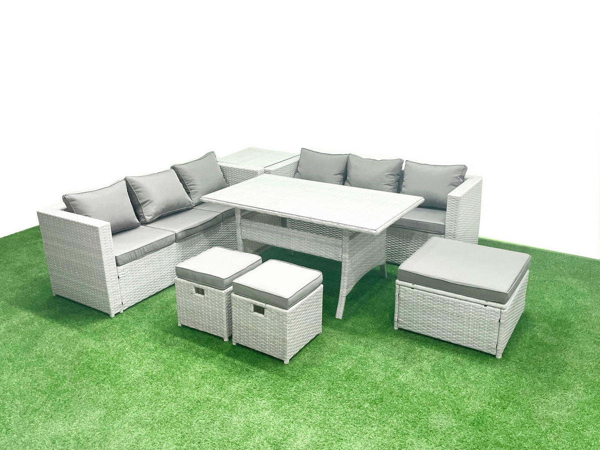 GARTENMÖBEL SET mit Esstisch,3 Hockern,Beistelltisch Polyrattan Hellgrau 9-Sitzer - Hellgrau/Grau, Glas/Kunststoff - Fimous