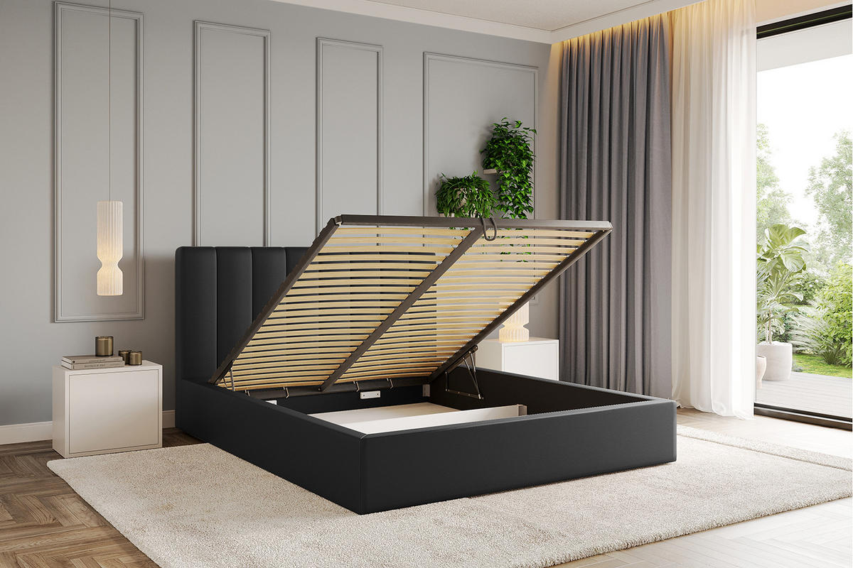 POLSTERBETT mit Bettkasten und Lattenrost, Bett mit Matratze H3/H4 - STERA 160x200 Schwarz Kunstleder - Schwarz Hochglanz, Holzwerkstoff/Textil (160/200cm) - ALTDECOR
