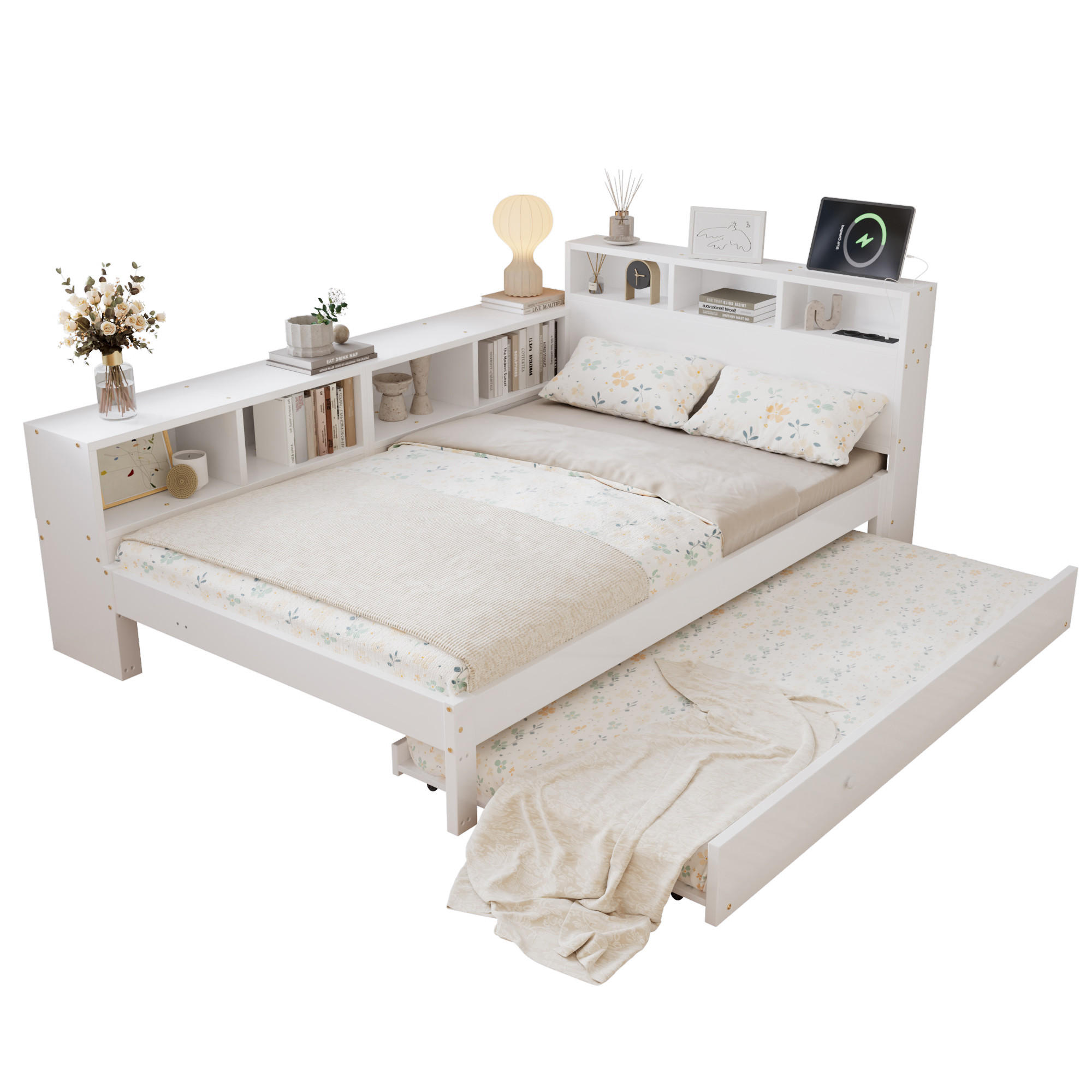 BETT 120/200 cm in Weiß mit Ausziehbett, Stauraumregal, Kopfteilablage und Ladestation - Weiß, Holzwerkstoff (120/200cm) - STILVORA