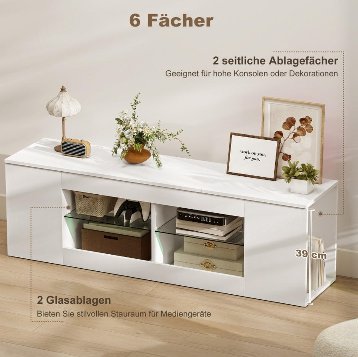 LOWBOARD 140 cm in Weiß mit 6 Fächern und Glasregalen - Weiß, Glas (140/42.5/35cm) - Flora Grace
