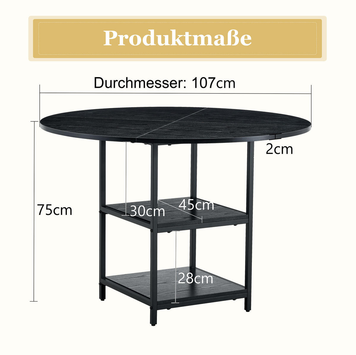 ESSTISCH 107/107/75 cm schwarz aus MDF und Metall mit 2 offenen Ablagen - Schwarz, Holzwerkstoff (107/107/75cm) - OKWISH
