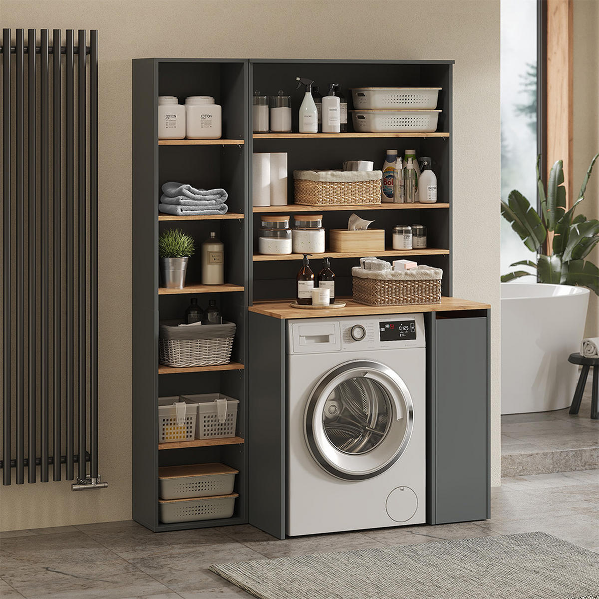 BADSCHRANK Viktor Anthrazit/Goldkraft Eiche 93.6 x 100.4 cm mit offenen Regalen - Honigeiche/Anthrazit, Holzwerkstoff (93.6/100.4/29cm) - Vicco