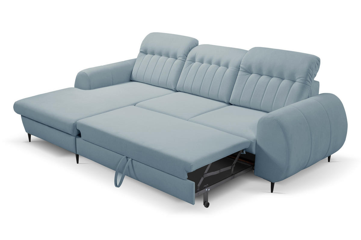 ECKSOFA PURO L-S Blau Plüsch-Stoff mit Schlaffunktion - Blau, Holz (275/166cm) - MASSENO