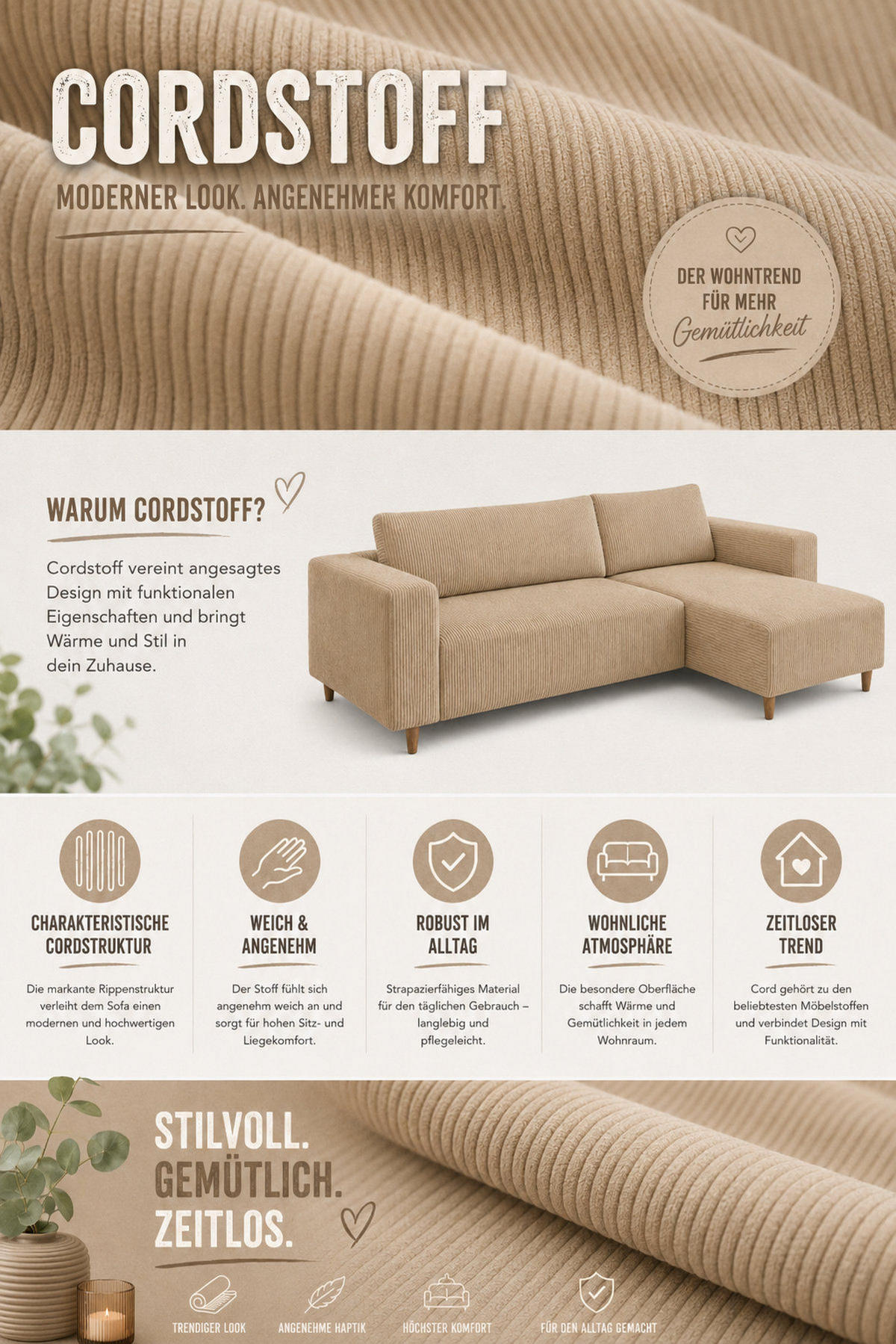 ECKSOFA mit Schlaffunktion und Bettkasten Rio, Ecksofa Cordstoff Beige, Ottomane Universal, 249x142 cm - Beige, Textil (249/142cm) - Marpur
