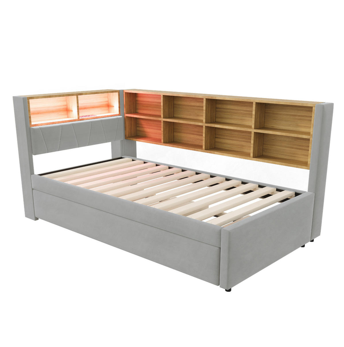 BETT aus Flanell 90x200 cm Hellgrau mit Ausziehbett 90x190 cm, LED, USB-C, Steckdose und Stauraum - Hellgrau, Textil (140/200cm) - Modfu