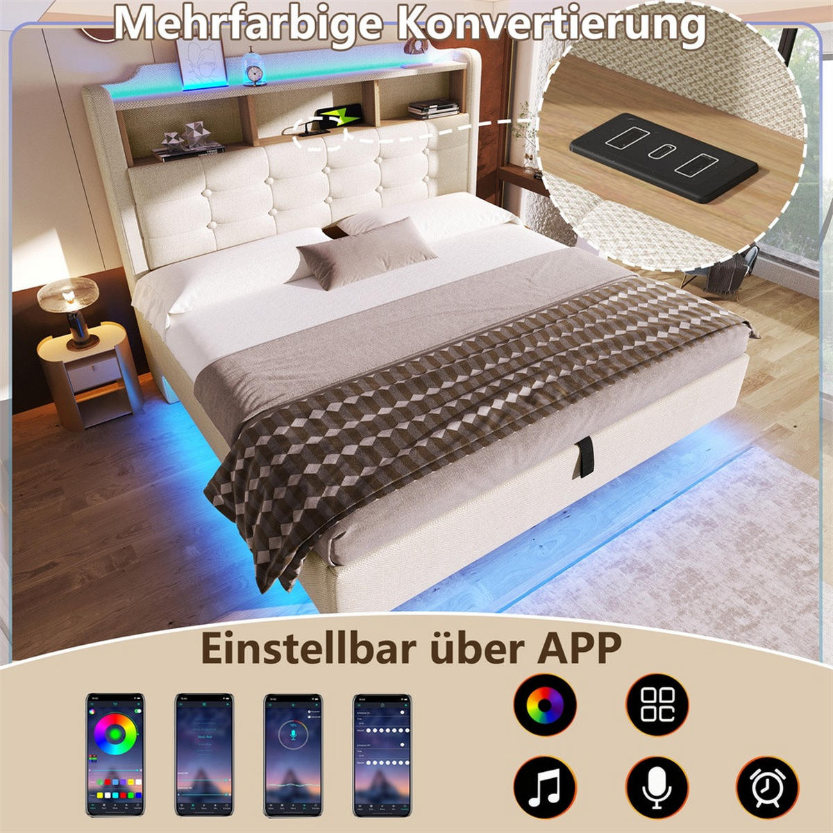 POLSTERBETT 140x200 cm mit LED-Beleuchtung und hydraulischem Stauraum - USB/Typ-C & Klappfach - Beige - Beige, Textil (140/200cm) - DELFA
