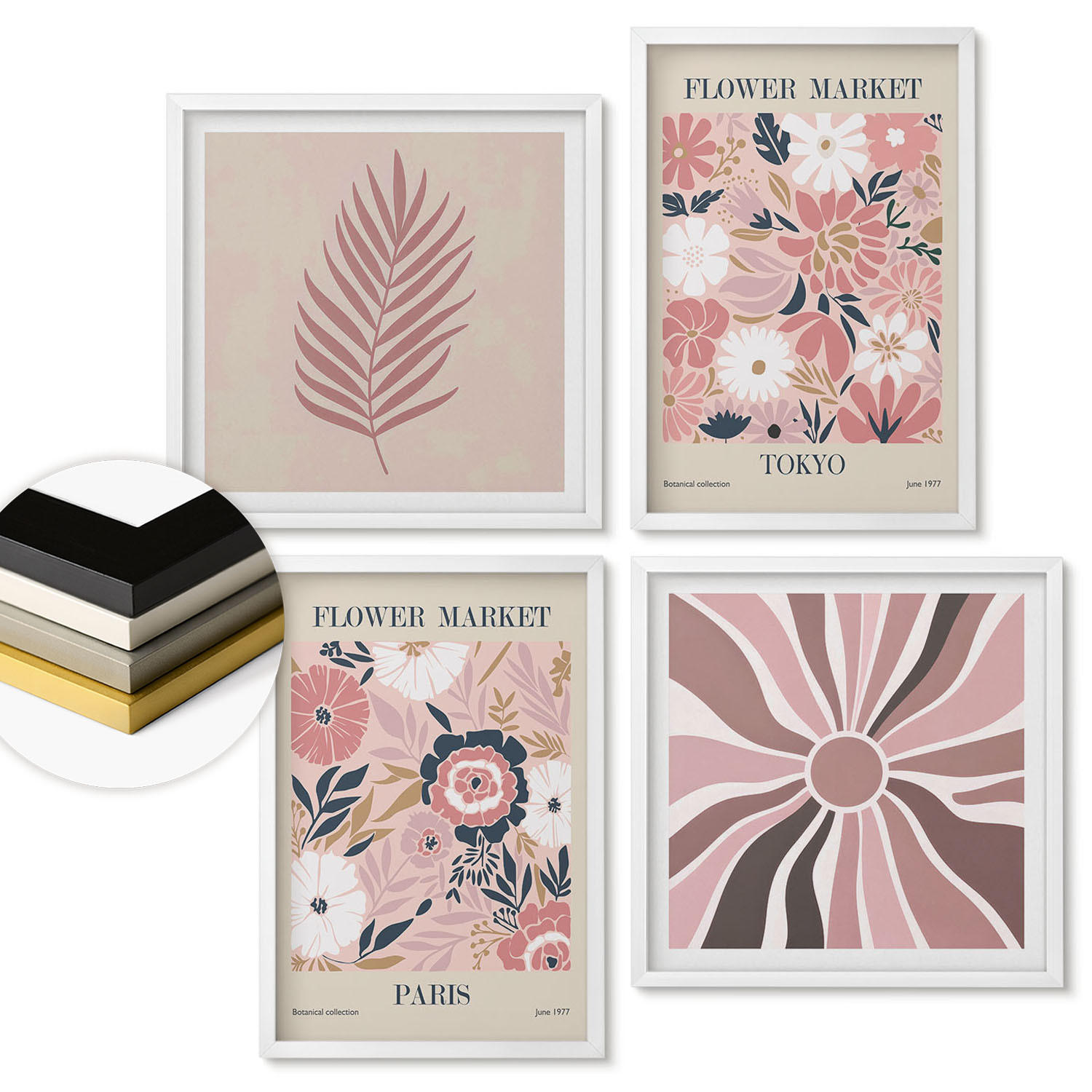 WANDBILDER 4er-Set - 50x50 cm & 40x60 cm Weißer Rahmen - Blumenmuster, Blätter, Geometrie - Weiß, Kunststoff (50/50cm) - ArtPrintCave