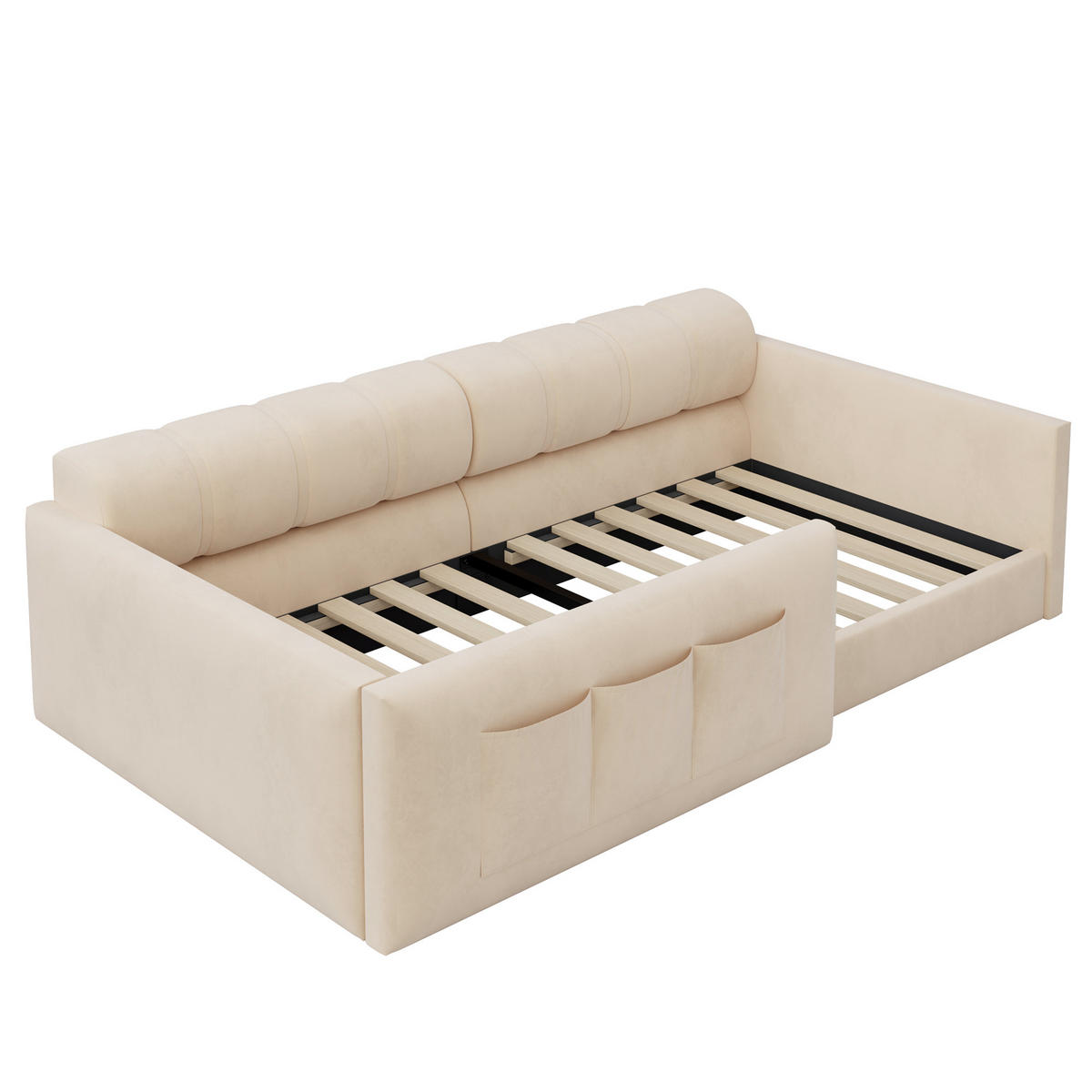 POLSTERBETT 90/200 cm in Beige Samt mit Kopfteil und Staufächern - Beige, Holzwerkstoff/Textil (90/200cm) - WISHDOR