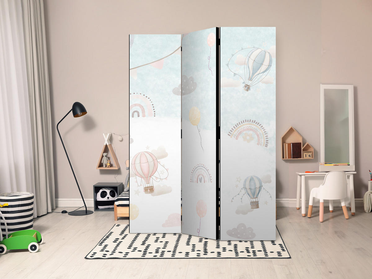 PARAVENT Einseitig Bedruckter 3-tlg 135x172 cm Regenbogen Ballons Wolken - Multicolor, Holz/Textil (135/172/3cm) - Muralo