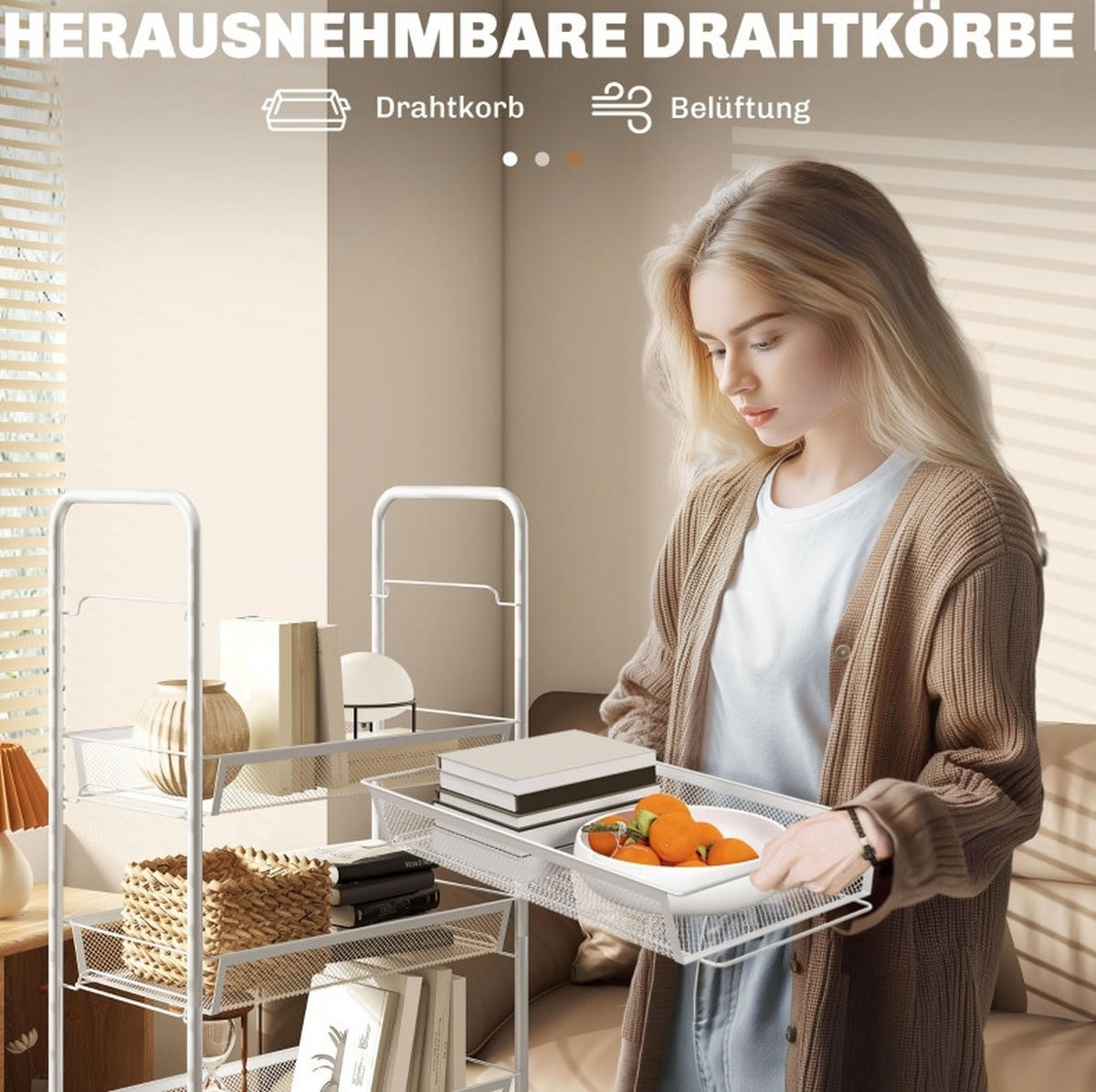 KÜCHENWAGEN mit 5 Drahtkörben 45 x 26,5 x 106 cm Weiß - Weiß, Metall (26.5/106/45cm) - Beauniv