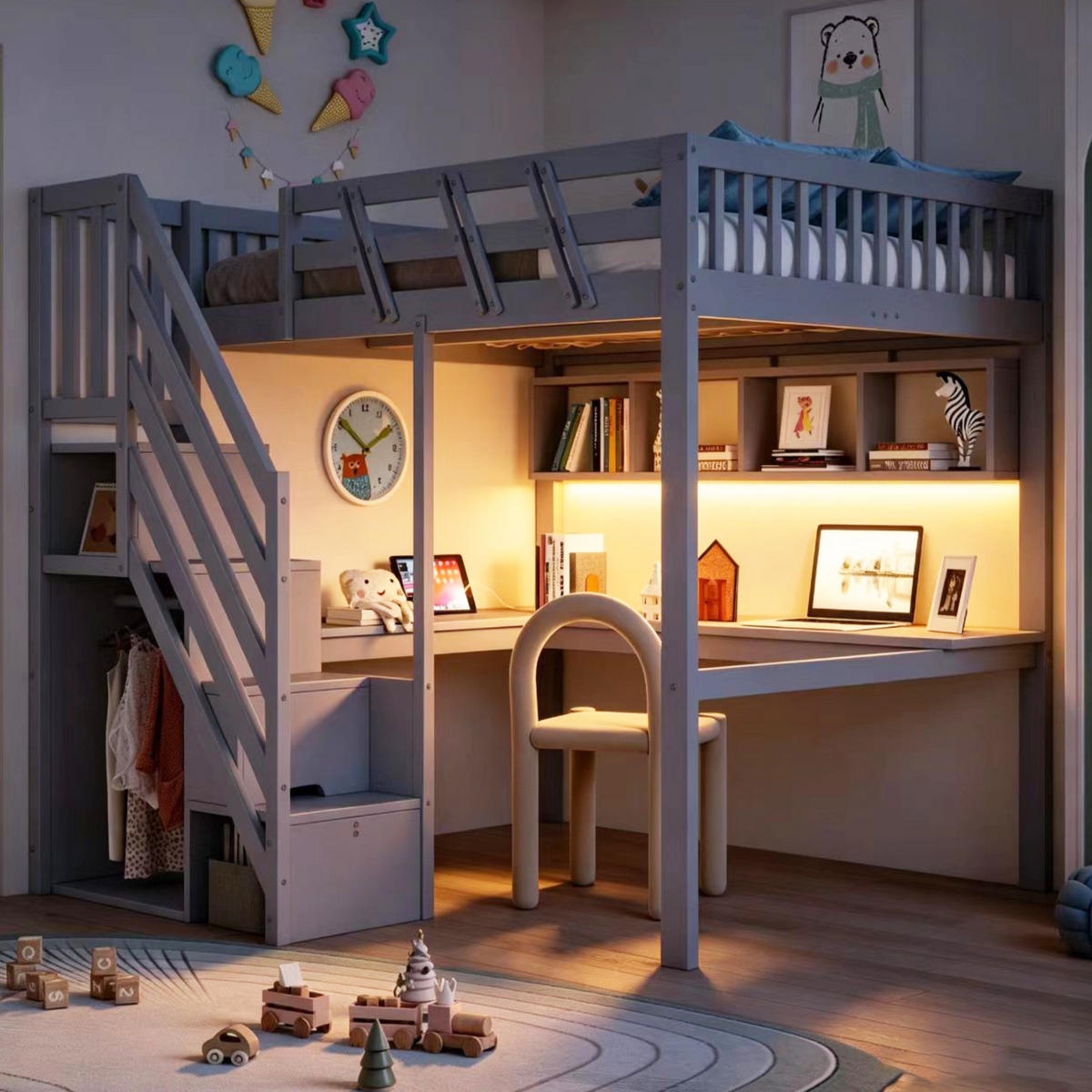 HOCHBETT 140x200 cm Grau mit Schreibtisch, Stauraumtreppe, LED-Beleuchtung und Steckdosen - Grau, Holz (140/200cm) - IVMEU