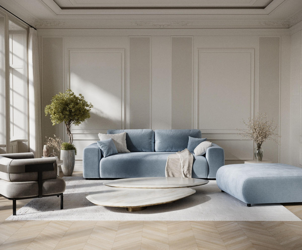 3-SITZER-SOFA Zanzibar Blau Grau Samtstoff - Blaugrau/Schwarz, Holz/Holzwerkstoff (213/79/108cm) - Maison de Reve
