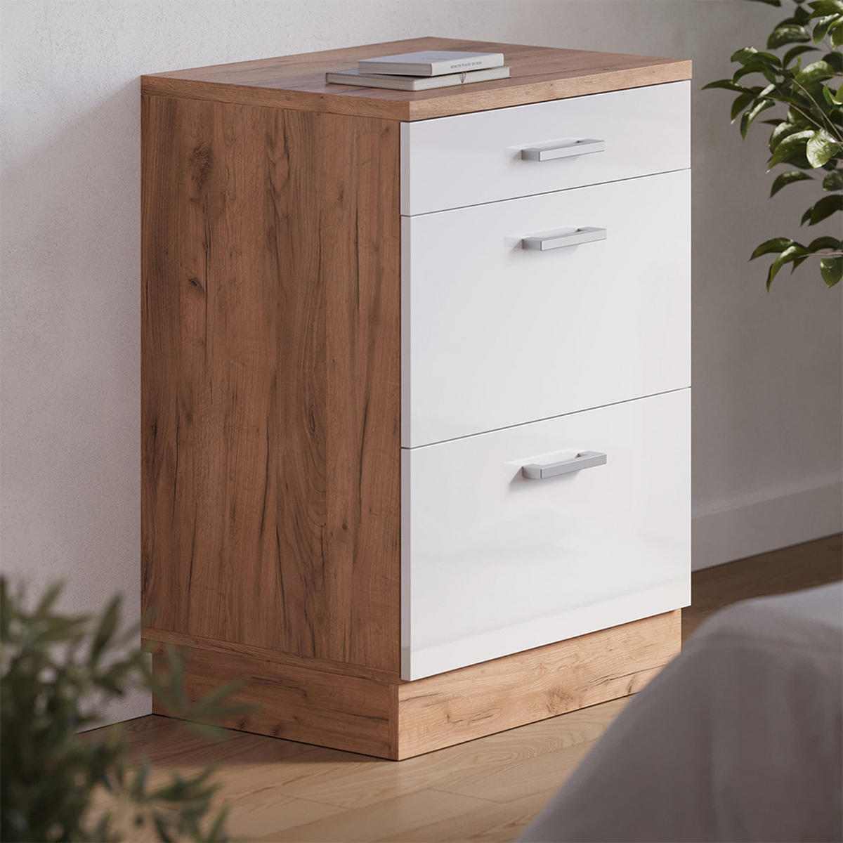 KUHINJSKA OMARA ZA POŠEVNE STREHE R-Line, Bela visok sijaj, 60 cm brez naklona z 3 predaloma - bela/medeni hrast, leseni material (60/83.8/46cm) - Vicco