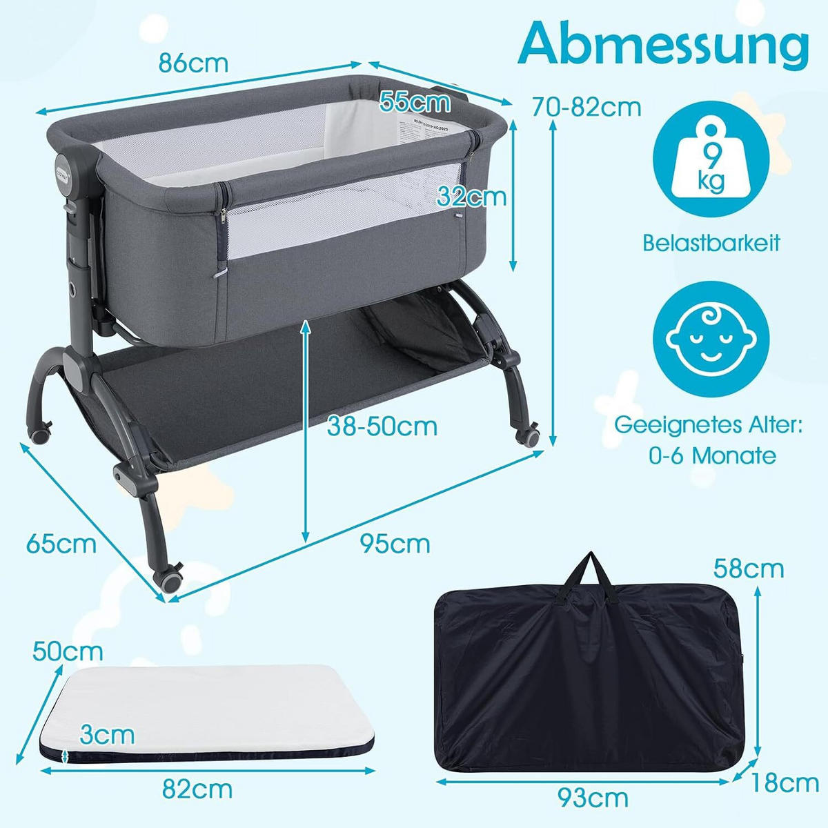 BABYWIEGE mit Matratze grau - Grau, Textil - COSTWAY