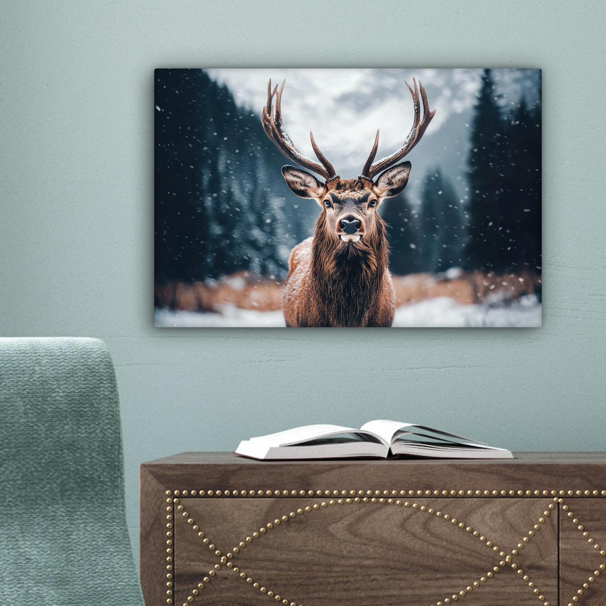LEINWANDBILD Hirsche - Tiere - Landschaft - Winter - Schnee 30x20 cm - Kastanienfarben, Textil (30/20cm) - MuchoWow
