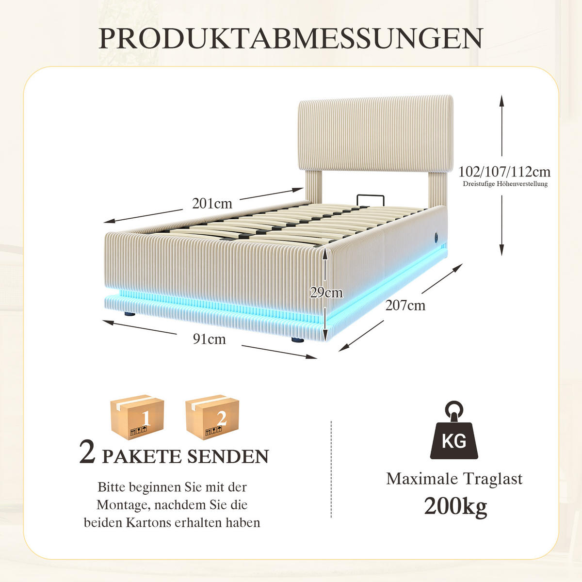 POLSTERBETT 90x200 cm LED USB Stauraum beige - Beige, Textil (90/200cm) - LEBENLANG