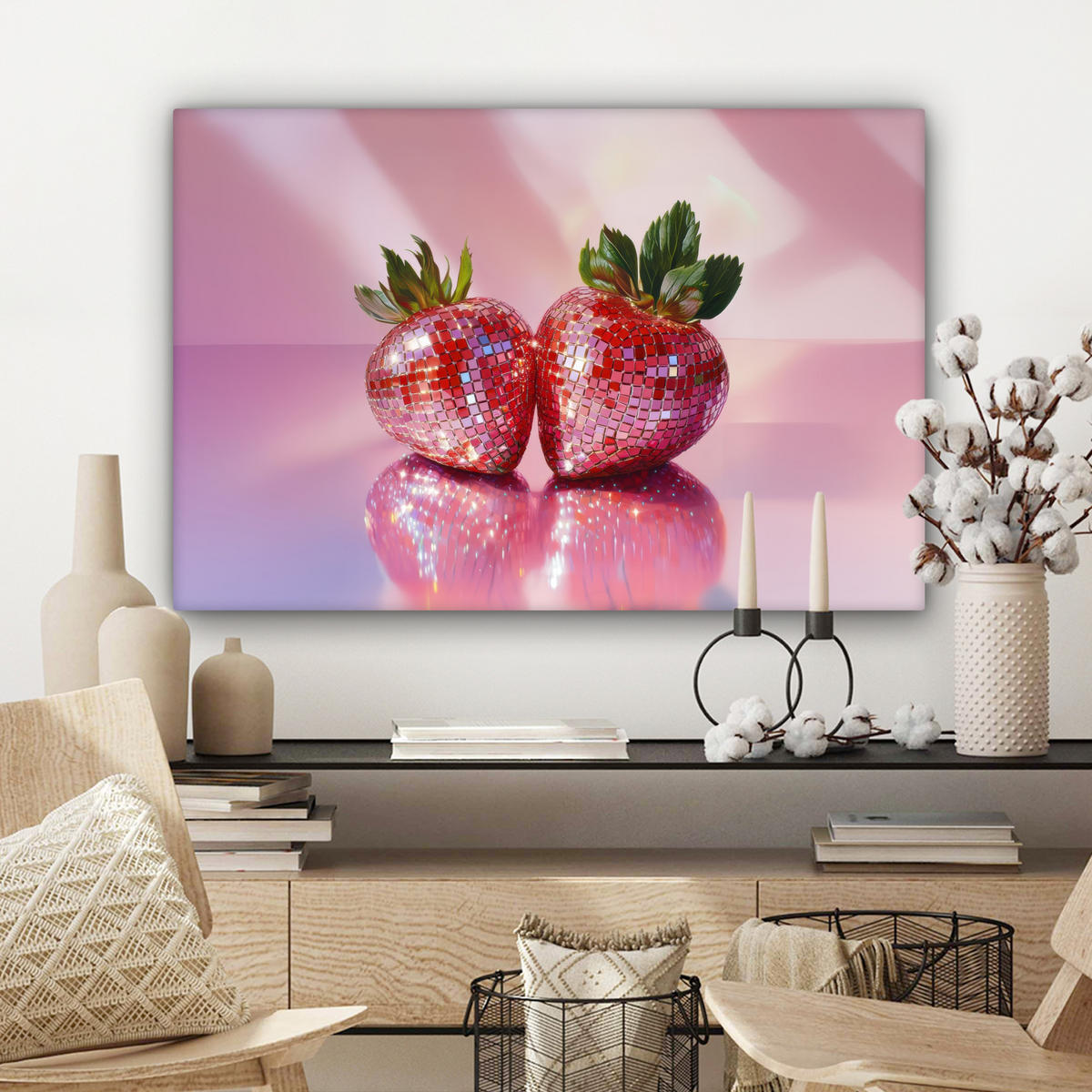 LEINWANDBILD Disco - Obst - Glitzer - Erdbeere Wanddeko 90x60 cm - Pink, Textil (90/60cm) - MuchoWow