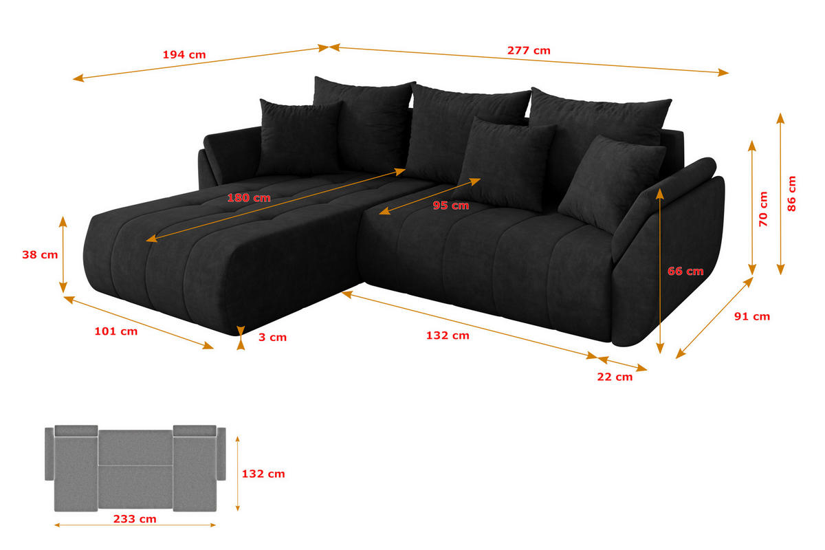 ROHOVÁ SEDAČKA s funkcí spaní, otoman vlevo TOKO-L 277x194x86 černá velur - černá, kompozitní dřevo/textil (277/194cm) - ALTDECOR